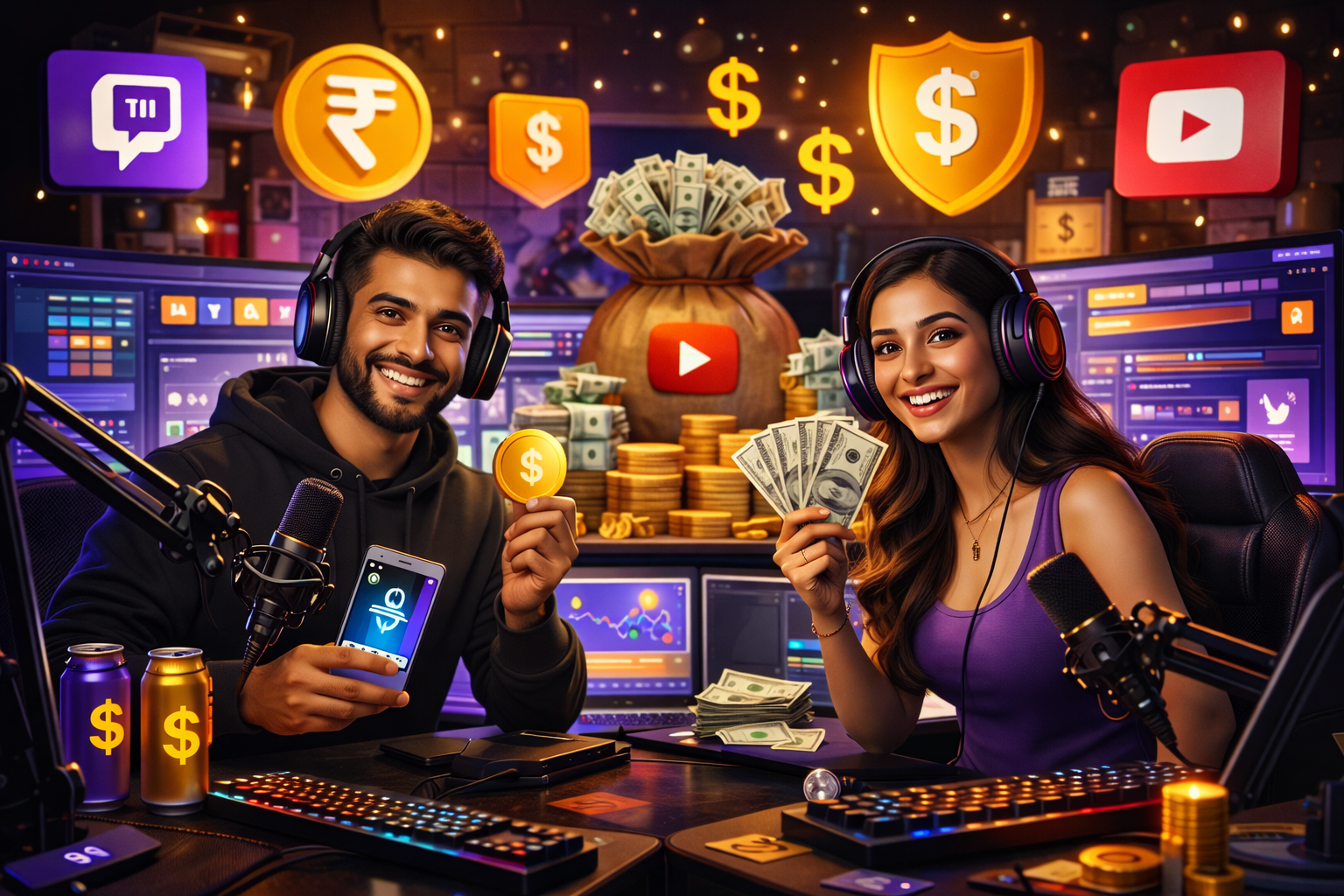 Generate seo title (70 chars), meta description (140 chars) and meta tags with comma separated and excerpt, slug for this title Ways Indian gaming creators can earn via ads, affiliate marketing, sponsorships, and memberships (2026 guide)